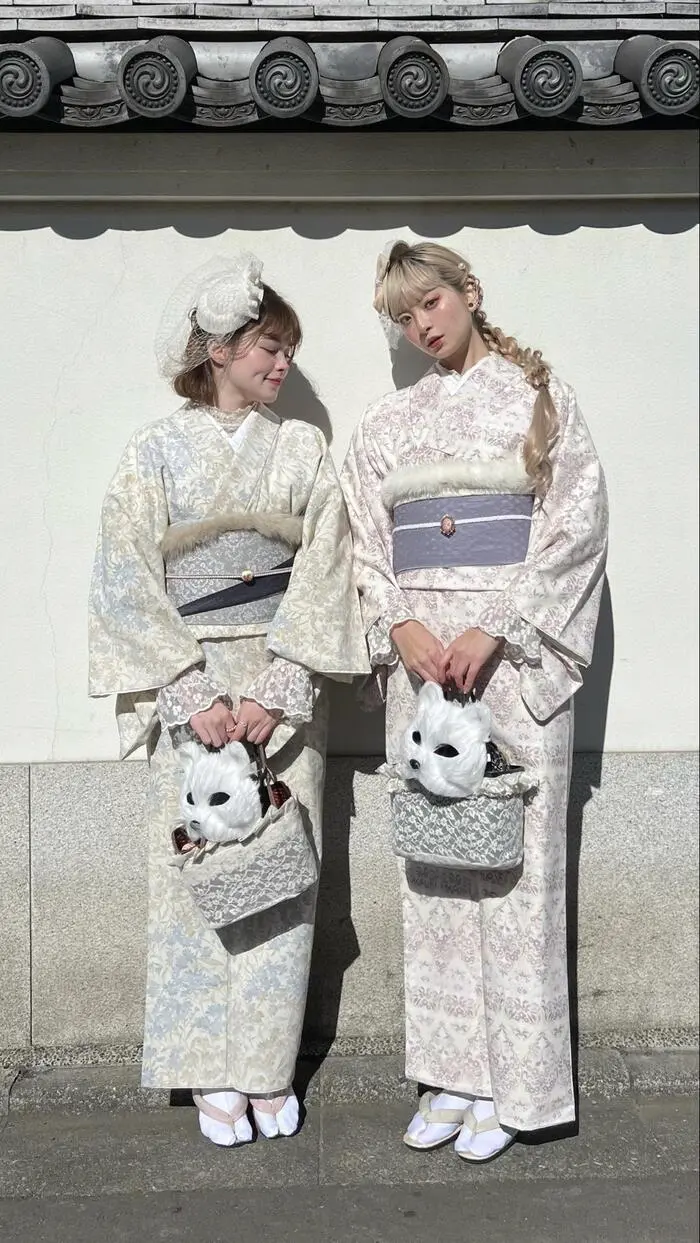 Delicate and Cute White Antique Kimono with Patterns