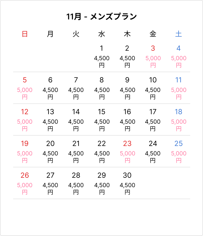 プランの料金カレンダー