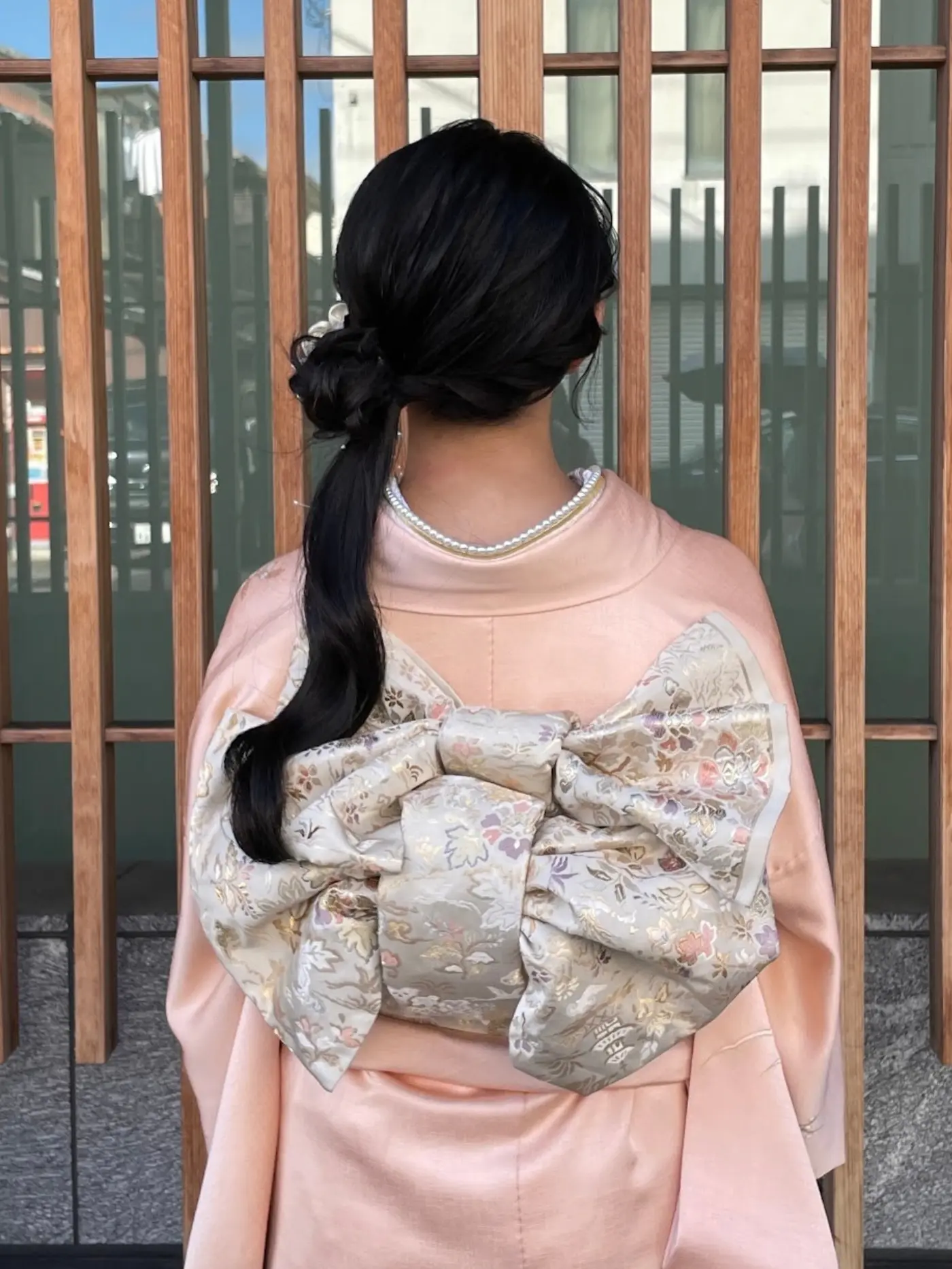 梨花和服のダブルリボン帯コーディネート