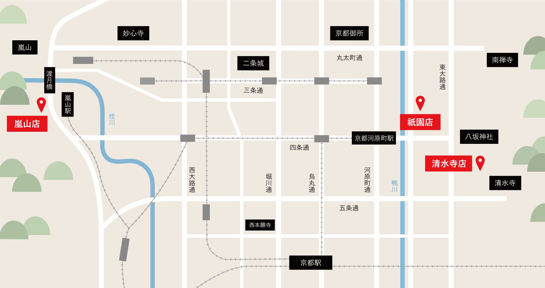 着物・浴衣レンタルの梨花和服 京都エリア3店舗のマップ